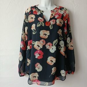 CAbi Black Floral Blouse with Red Floral Split Neck Sz S Career Travel Casual